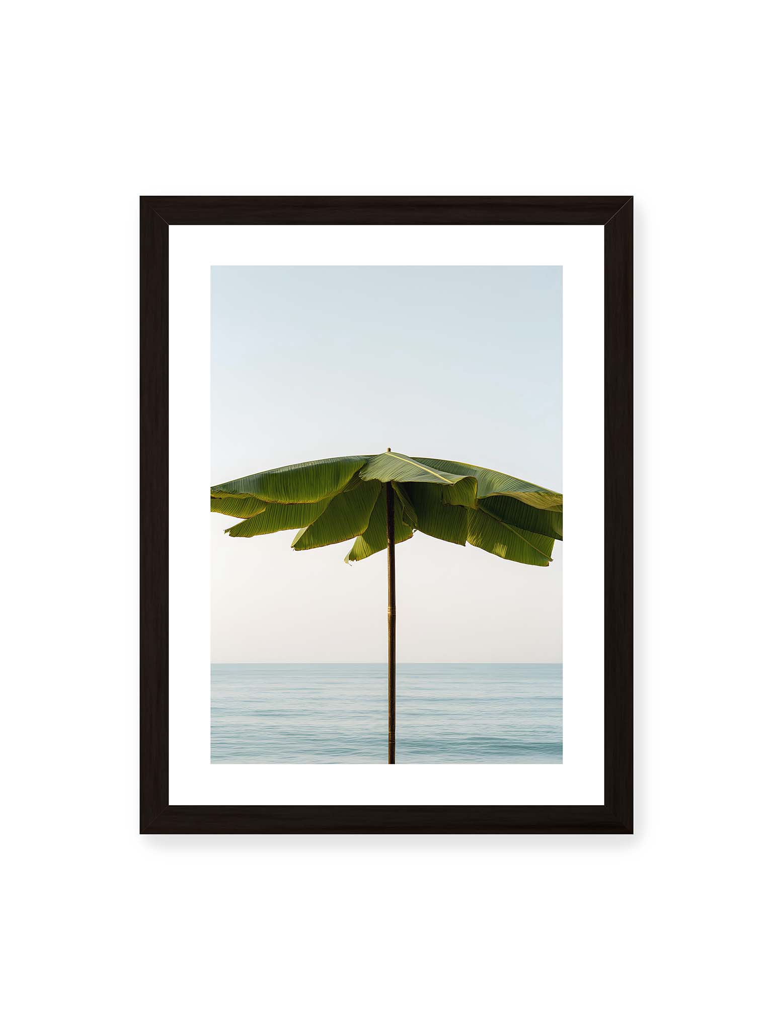 30x40 cm, weißer Galerie-Rand, schwarzer Rahmen – Sonnenschirm aus großen grünen tropischen Blättern vor ruhigem Meer mit klarer Horizontlinie und hellem Himmel.