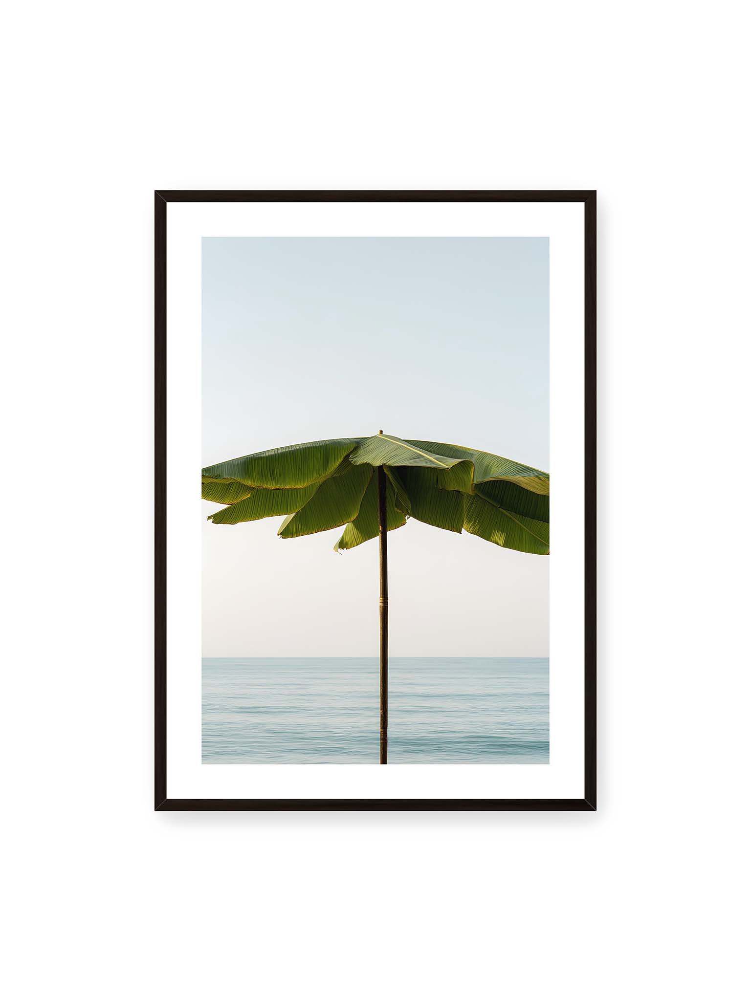 70x100 cm, weißer Galerie-Rand, schwarzer Rahmen – Sonnenschirm aus großen grünen tropischen Blättern vor ruhigem Meer mit klarer Horizontlinie und hellem Himmel.