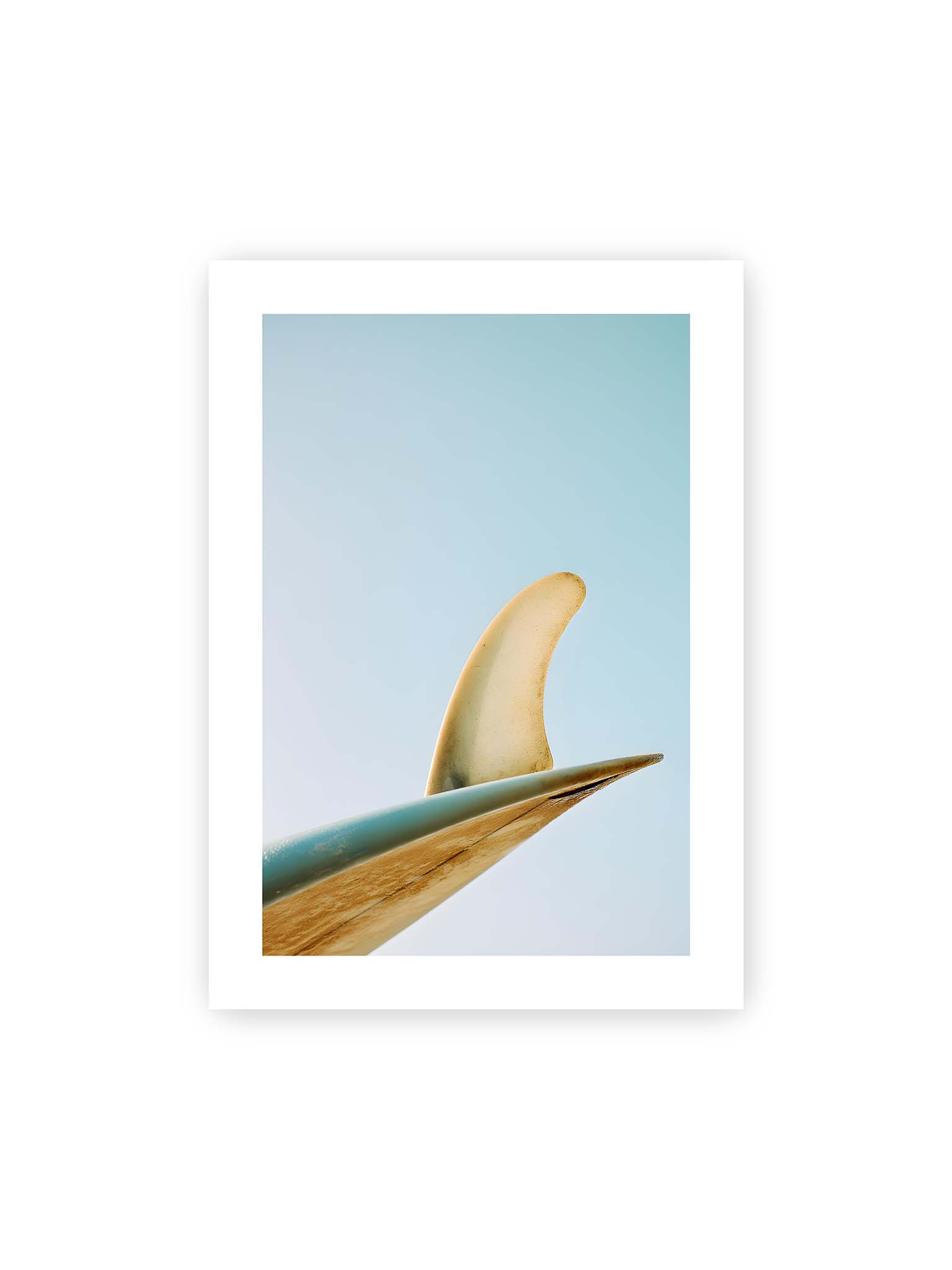 50x70 cm, weißer Galerie-Rand – Surfboard-Finne vor klarem Himmel mit geschwungener Form und minimalistischer Komposition.