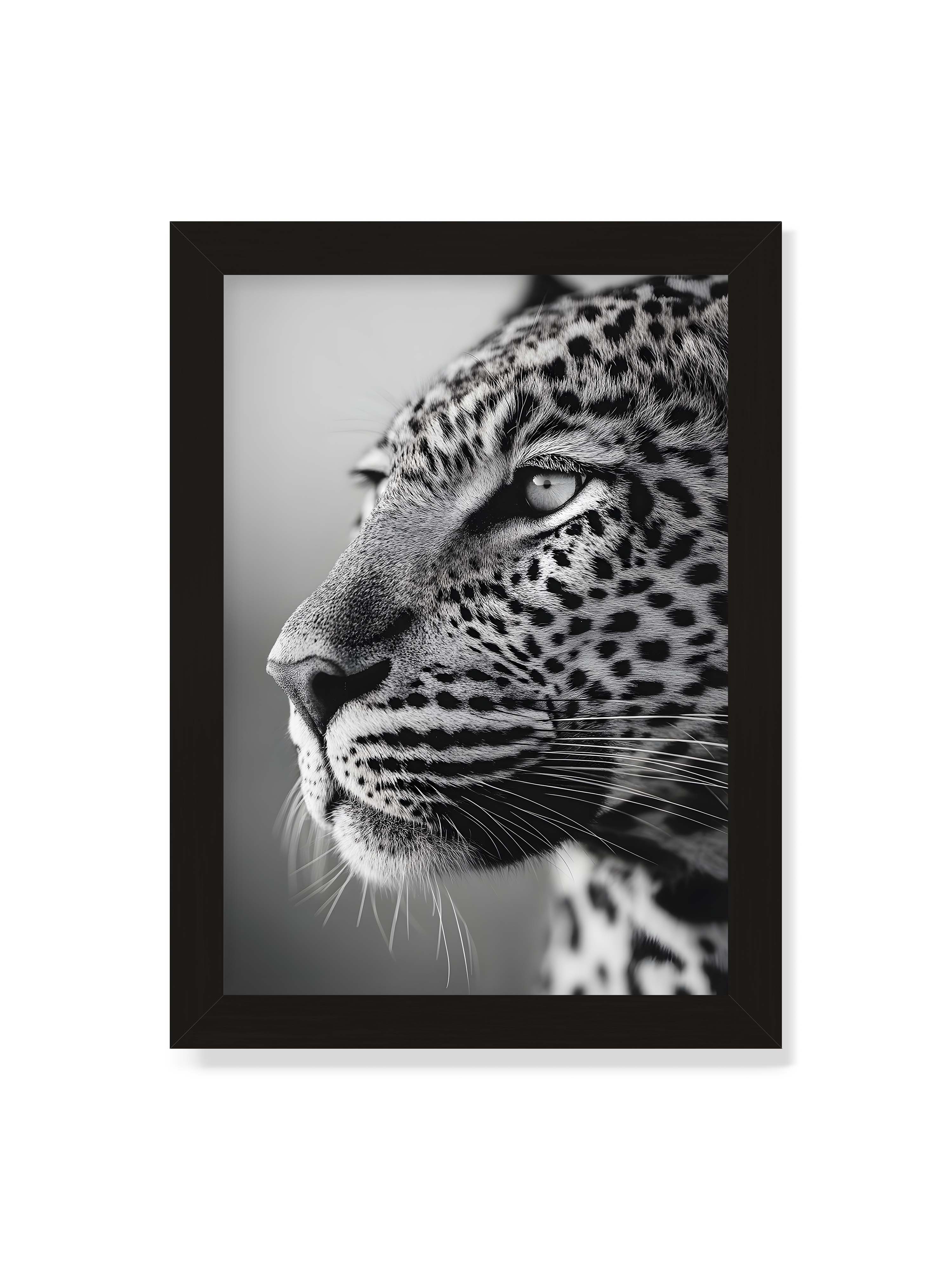 21x30 cm ohne Galerie-Rand mit schwarzem Rahmen – Schwarzweißes Porträt eines Leoparden mit ruhigem Blick, sichtbarer Fellstruktur und feinen Schnurrhaaren.