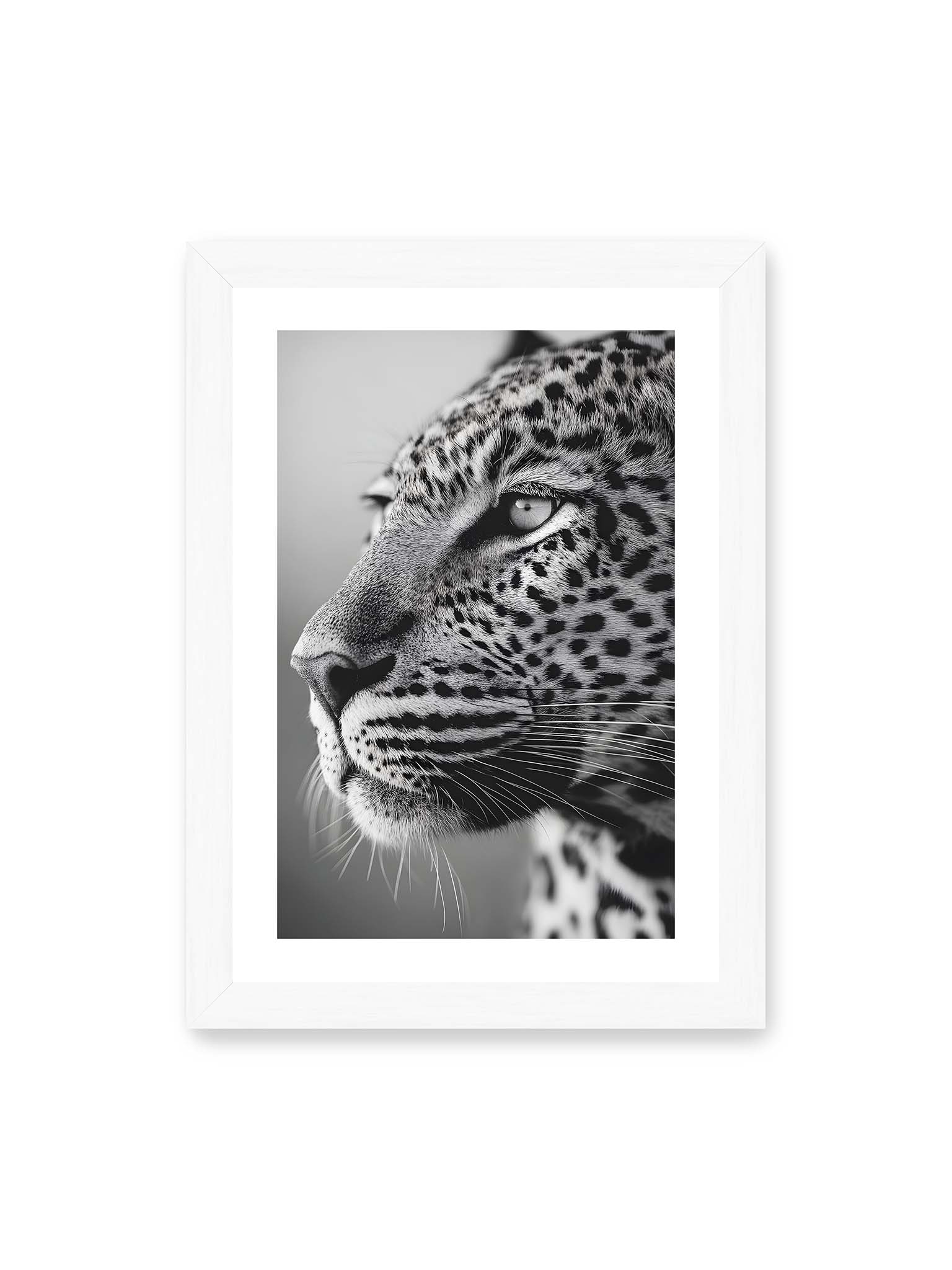 21x30 cm, weißer Galerie-Rand, weißer Rahmen – Schwarzweißes Porträt eines Leoparden mit ruhigem Blick, sichtbarer Fellstruktur und feinen Schnurrhaaren.