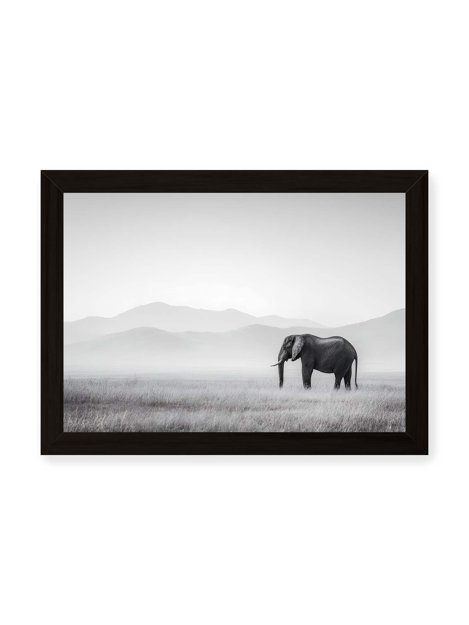 21x30 cm, schwarzer Rahmen – Elefant steht in weiter, nebeliger Landschaft mit sanften Hügeln im Hintergrund in monochromer Darstellung.