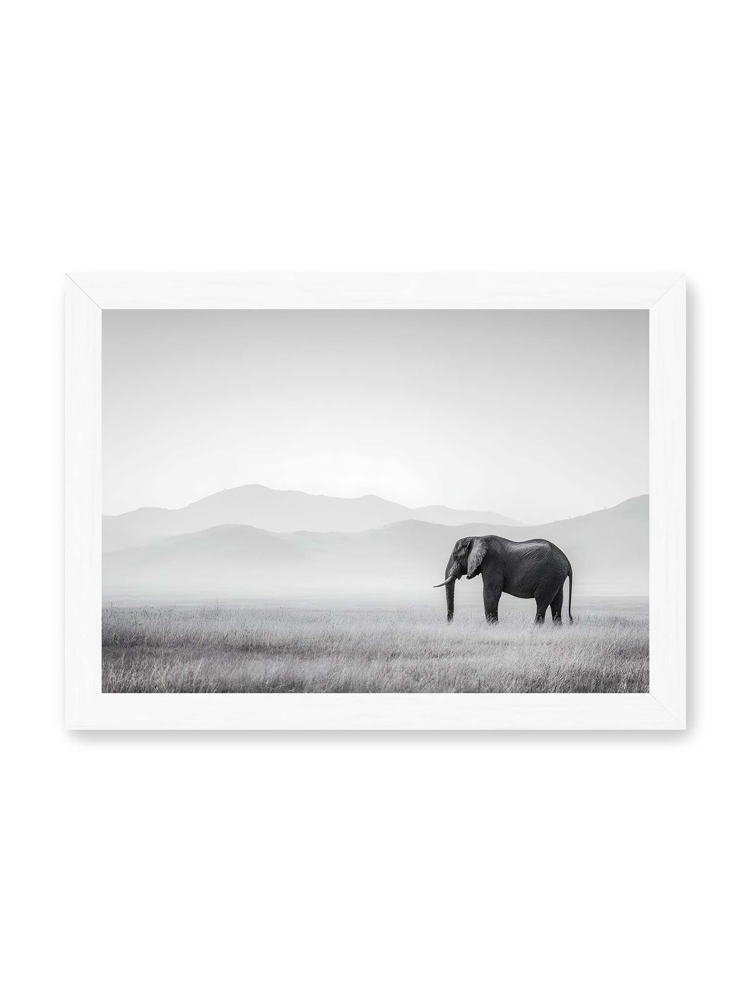 21x30 cm, weißer Rahmen – Elefant steht in weiter, nebeliger Landschaft mit sanften Hügeln im Hintergrund in monochromer Darstellung.