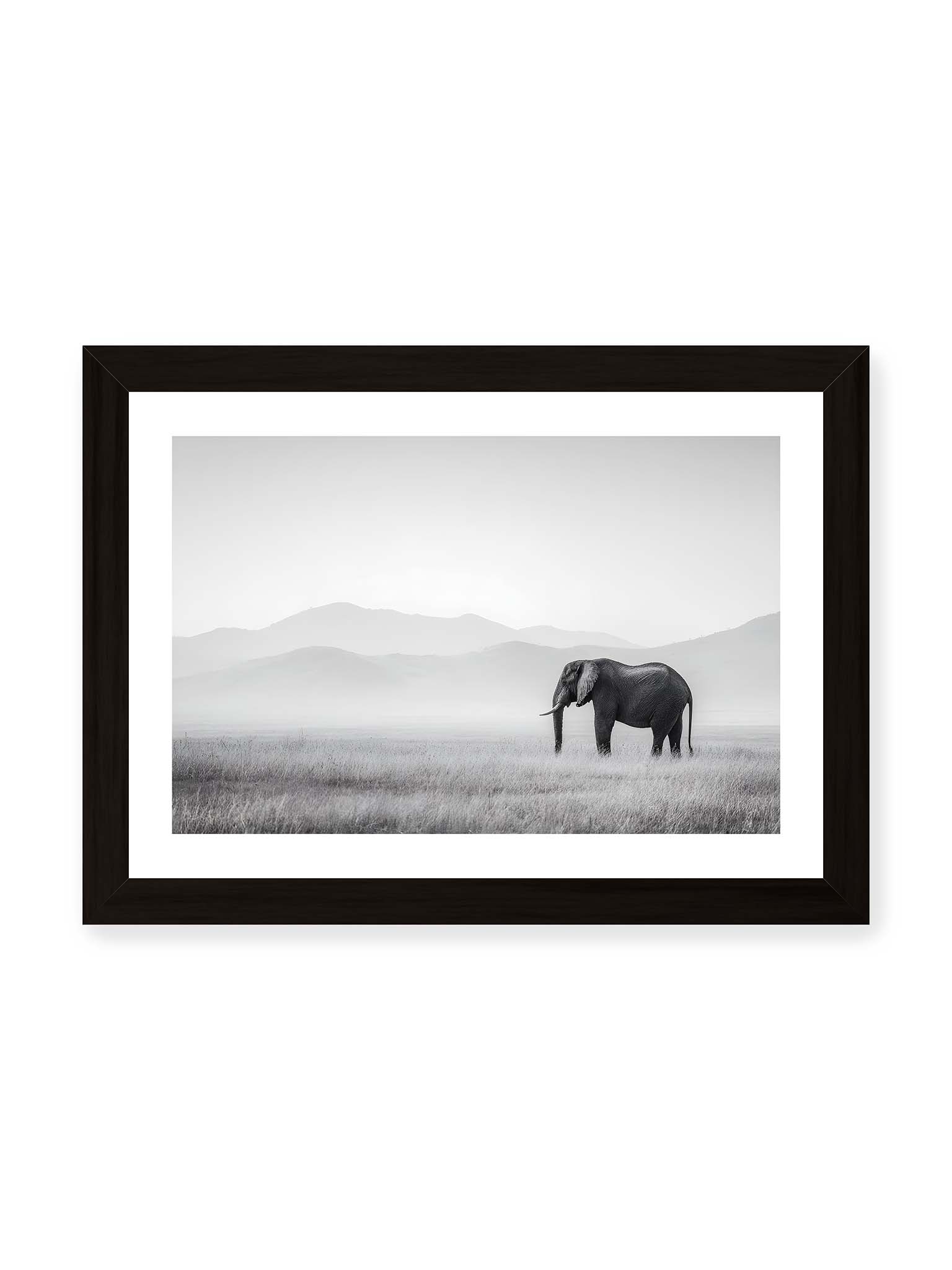 21x30 cm, weißer Galerie-Rand, schwarzer Rahmen – Elefant steht in weiter, nebeliger Landschaft mit sanften Hügeln im Hintergrund in monochromer Darstellung.