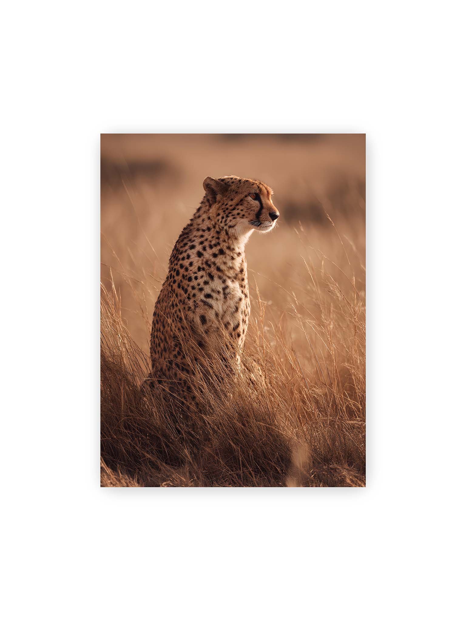 30x40 cm – Gepard sitzt im hohen goldenen Gras der Savanne und blickt aufmerksam in die Ferne im warmen Licht.