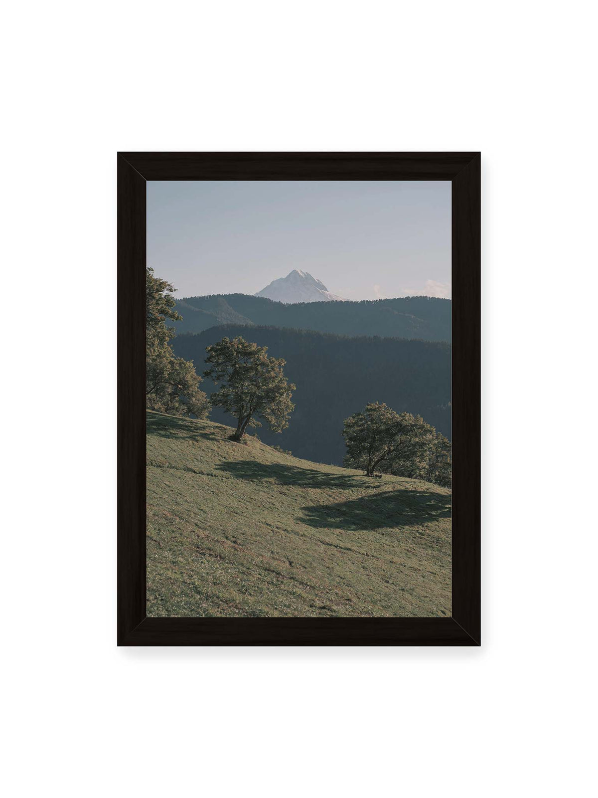 21x30 cm, schwarzer Rahmen – Ferner heller Berggipfel über dunklen Höhenzügen und einer geneigten grünen Wiese mit einzelnen Bäumen.