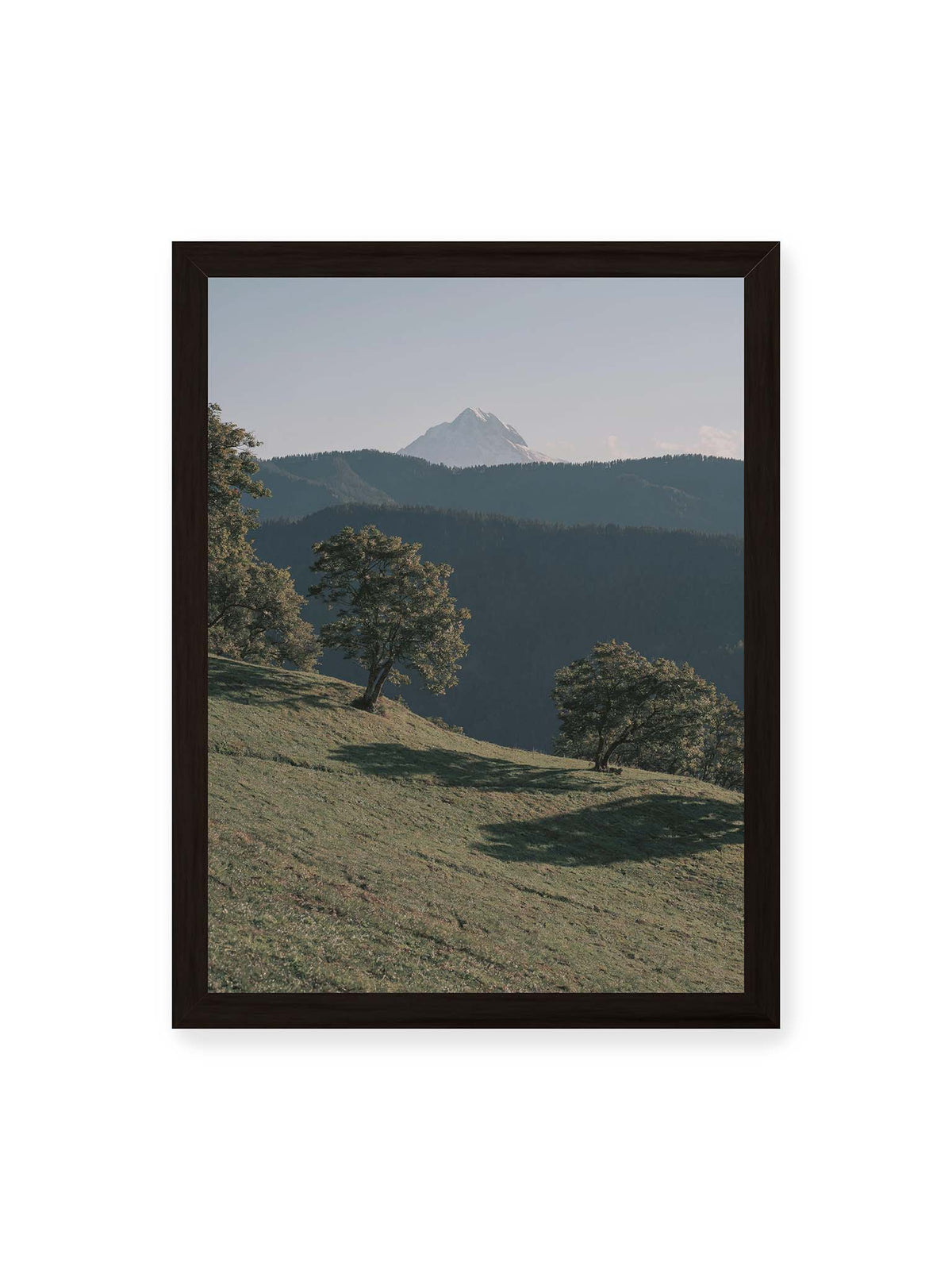 30x40 cm, schwarzer Rahmen – Ferner heller Berggipfel über dunklen Höhenzügen und einer geneigten grünen Wiese mit einzelnen Bäumen.