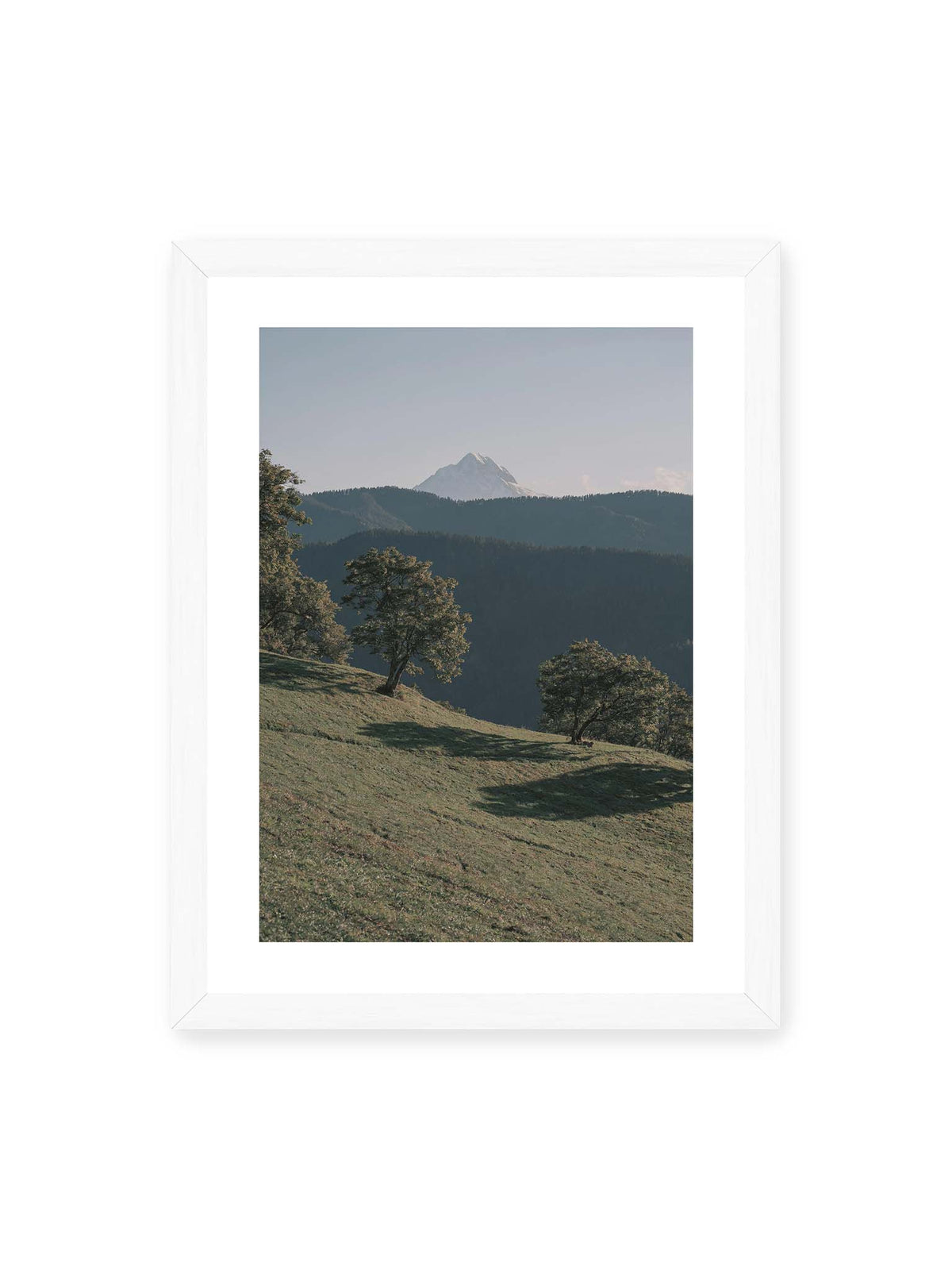 30x40 cm, weißer Galerie-Rand, weißer Rahmen – Ferner heller Berggipfel über dunklen Höhenzügen und einer geneigten grünen Wiese mit einzelnen Bäumen.