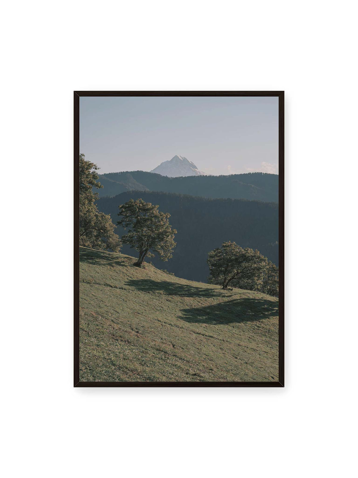 70x100 cm, schwarzer Rahmen – Ferner heller Berggipfel über dunklen Höhenzügen und einer geneigten grünen Wiese mit einzelnen Bäumen.