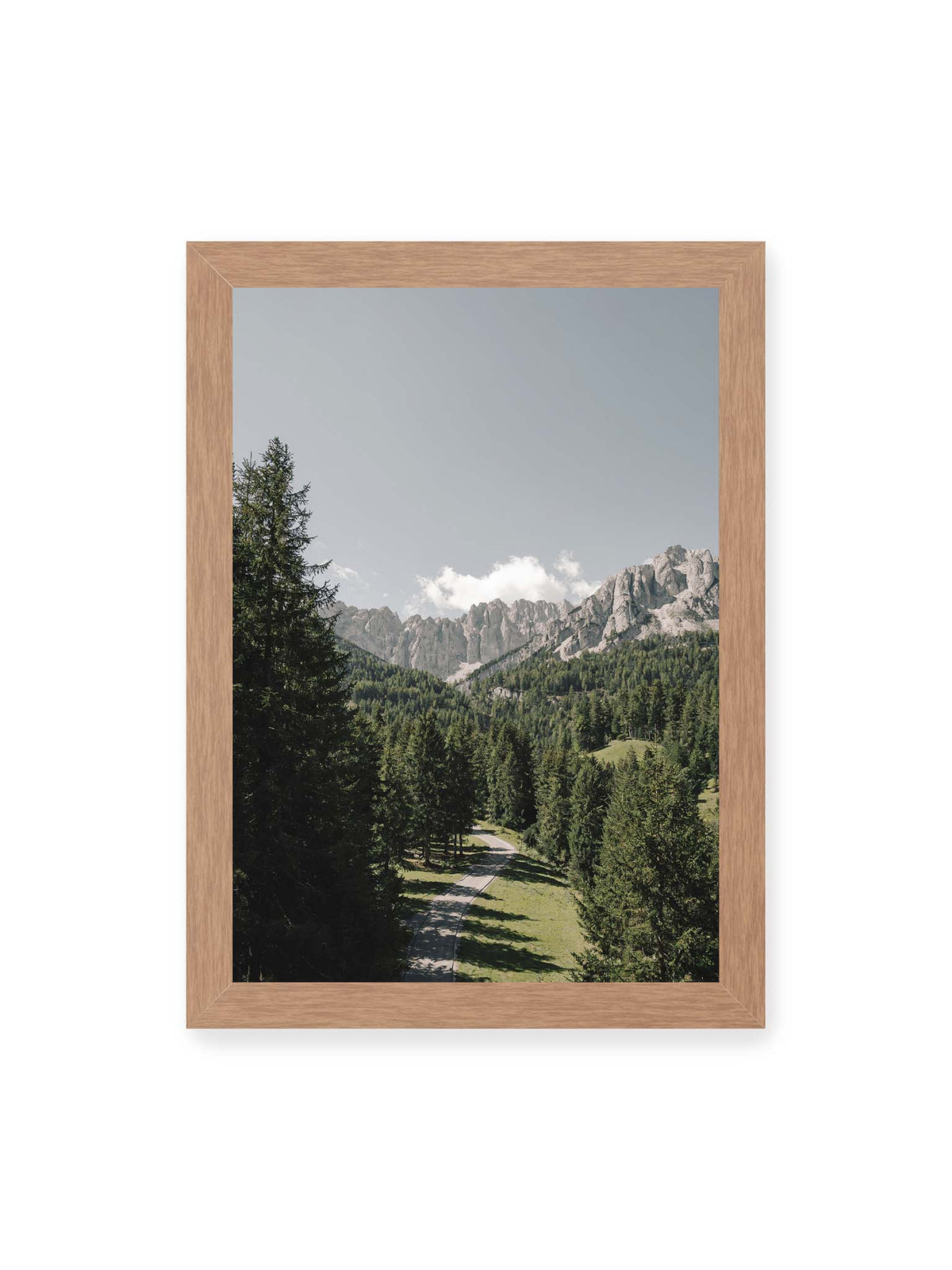 21x30 cm, Eichenrahmen – Kurviger Weg durch dichten Nadelwald mit hellen, schroffen Felsformationen im Hintergrund.
