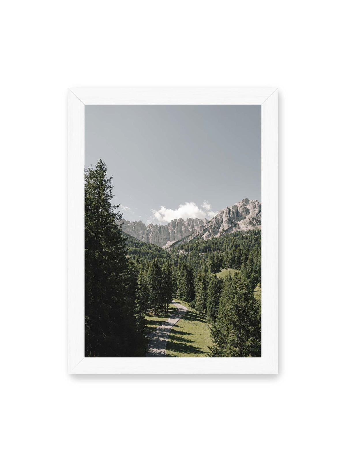 21x30 cm, weißer Rahmen – Kurviger Weg durch dichten Nadelwald mit hellen, schroffen Felsformationen im Hintergrund.