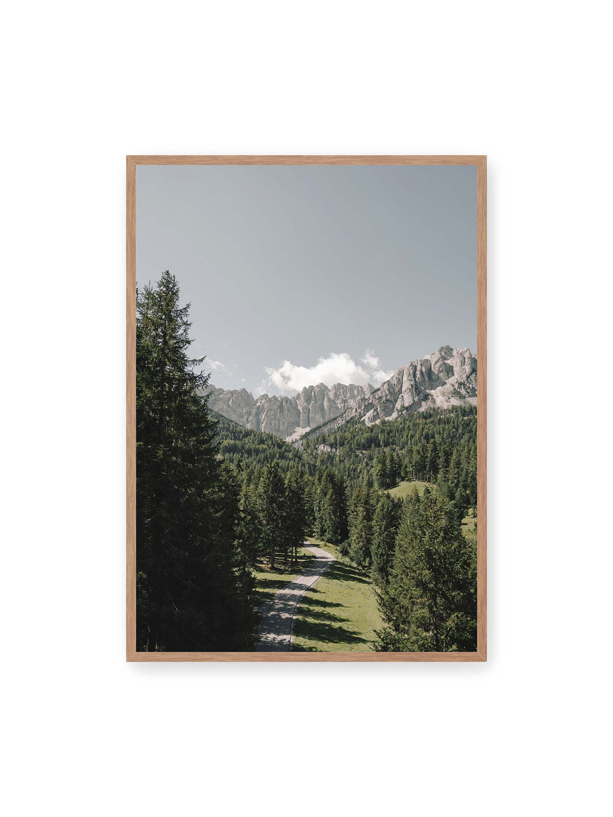 70x100 cm, Eichenrahmen – Kurviger Weg durch dichten Nadelwald mit hellen, schroffen Felsformationen im Hintergrund.