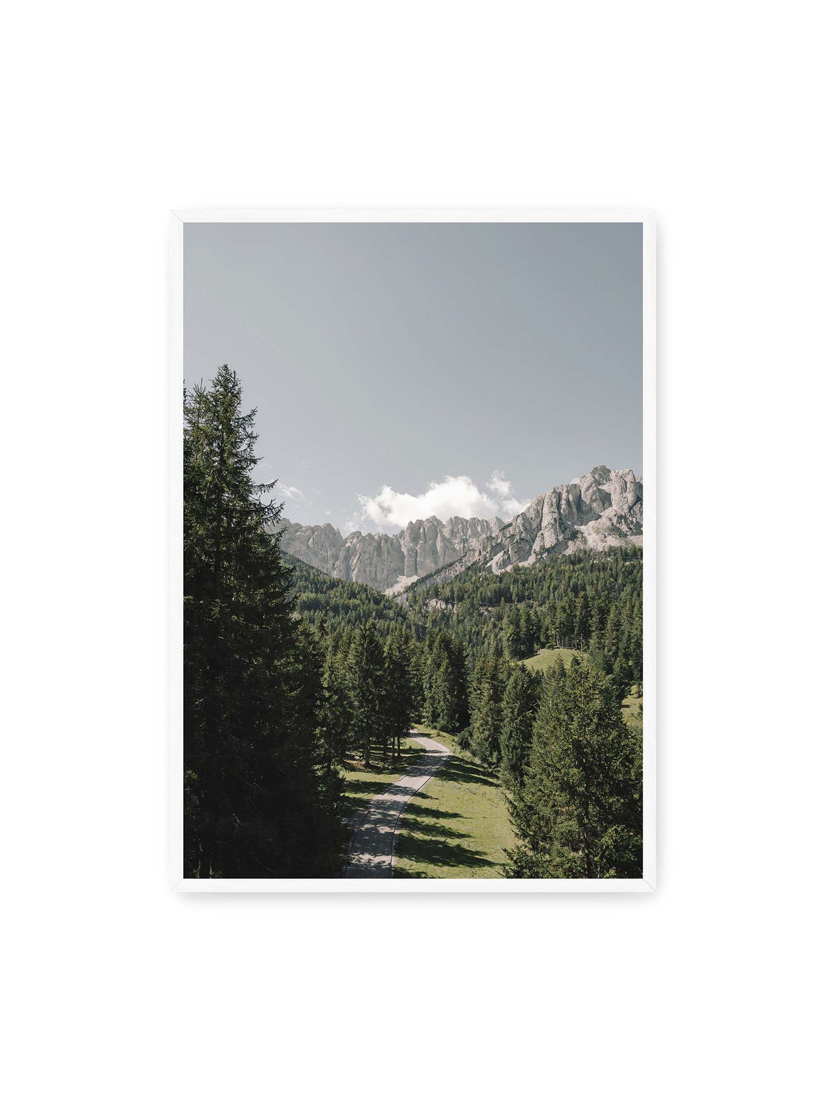 70x100 cm, weißer Rahmen – Kurviger Weg durch dichten Nadelwald mit hellen, schroffen Felsformationen im Hintergrund.