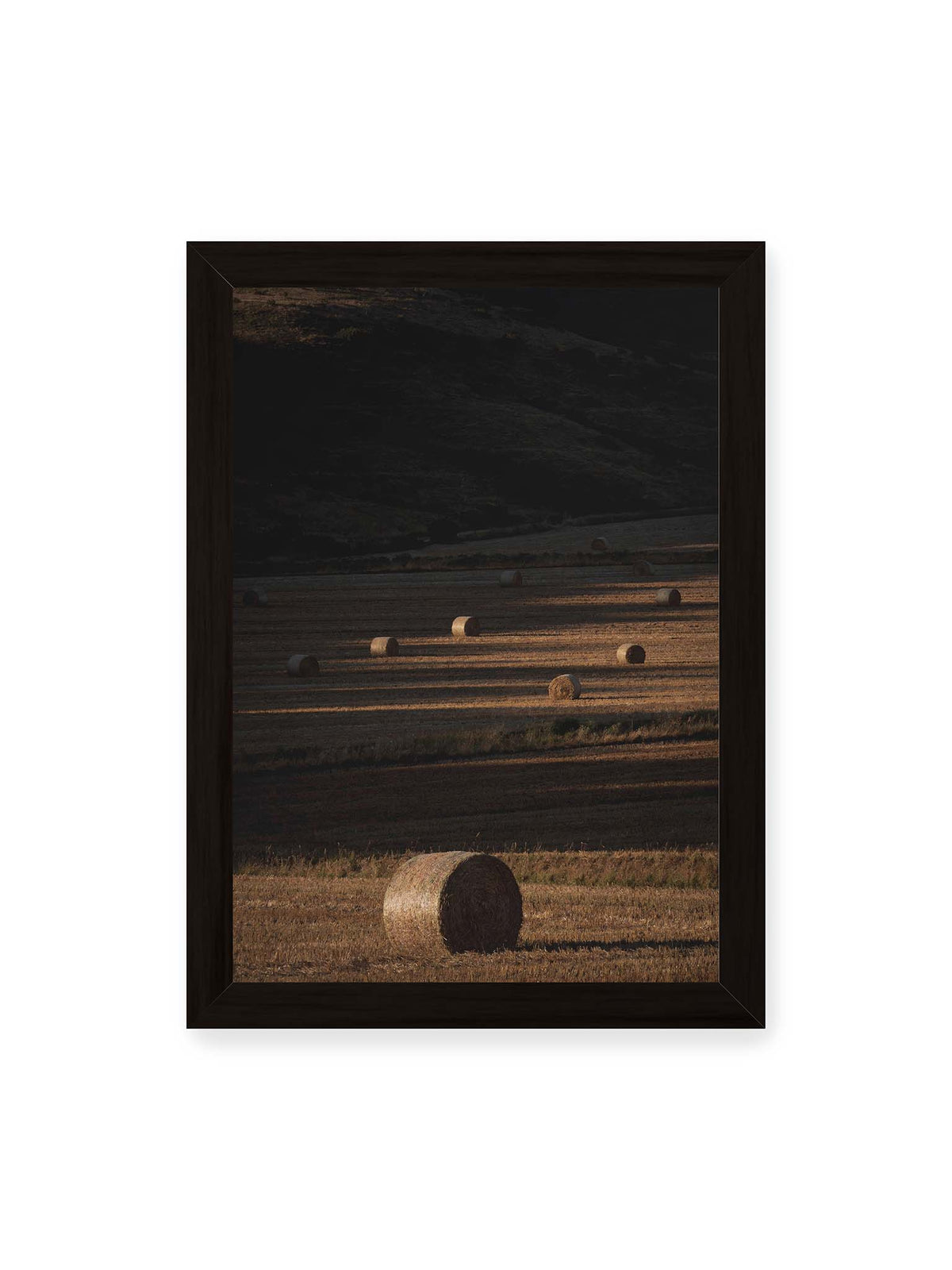 21x30 cm, schwarzer Rahmen – Rundballen auf einem abgeernteten Feld zwischen langen Schatten und schmalen Bahnen warmen Lichts.