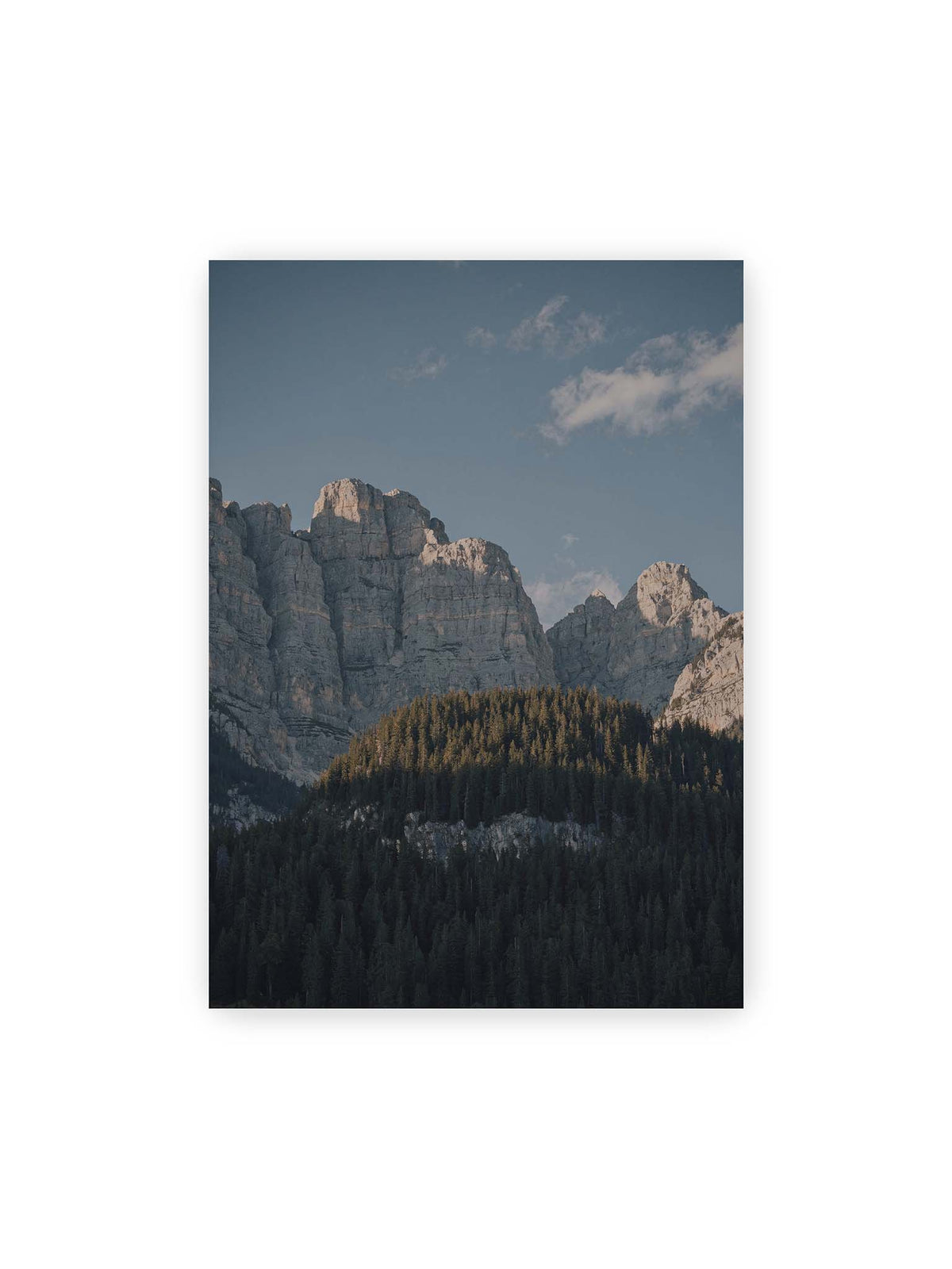 50x70 cm – Helle Felswände erheben sich über einem dunklen Nadelwald vor klarem blauem Himmel.