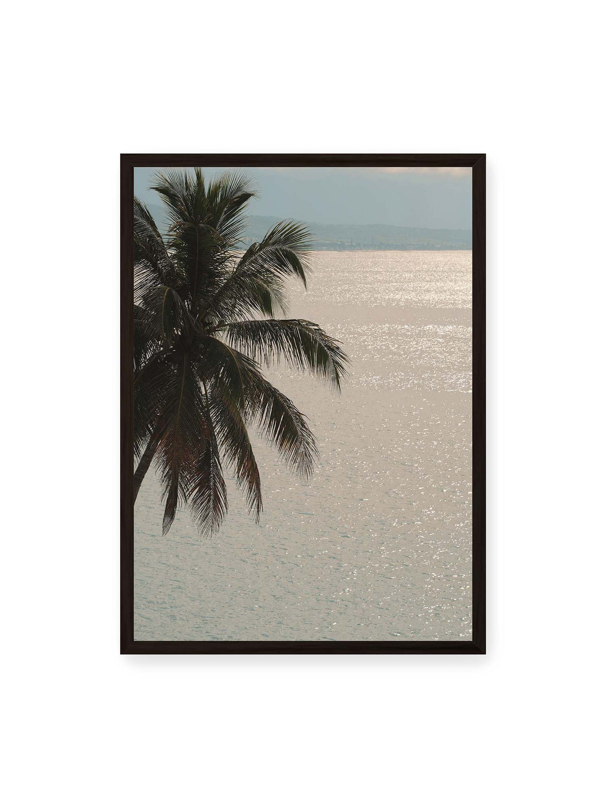 50x70 cm, schwarzer Rahmen – Dunkle Palmwedel vor einer hell glitzernden Wasserfläche mit einer fernen Küstenlinie.