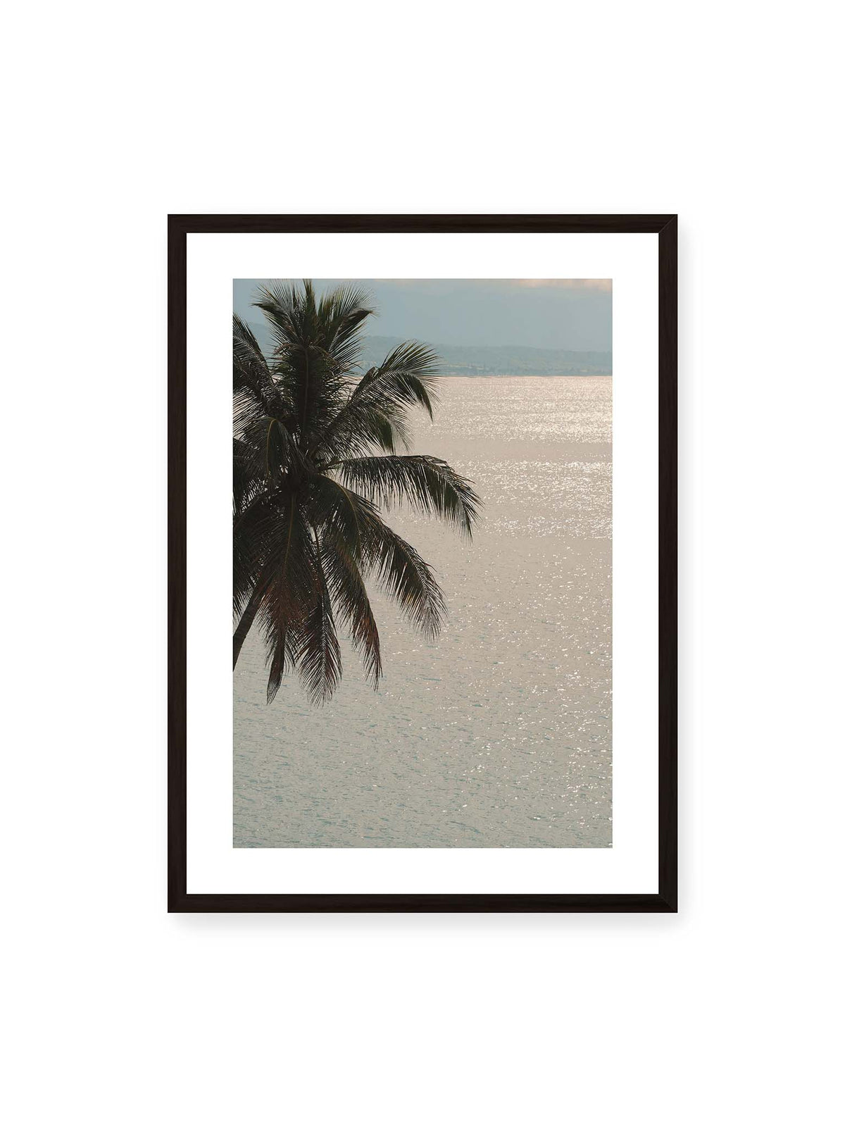 50x70 cm, weißer Galerie-Rand, schwarzer Rahmen – Dunkle Palmwedel vor einer hell glitzernden Wasserfläche mit einer fernen Küstenlinie.