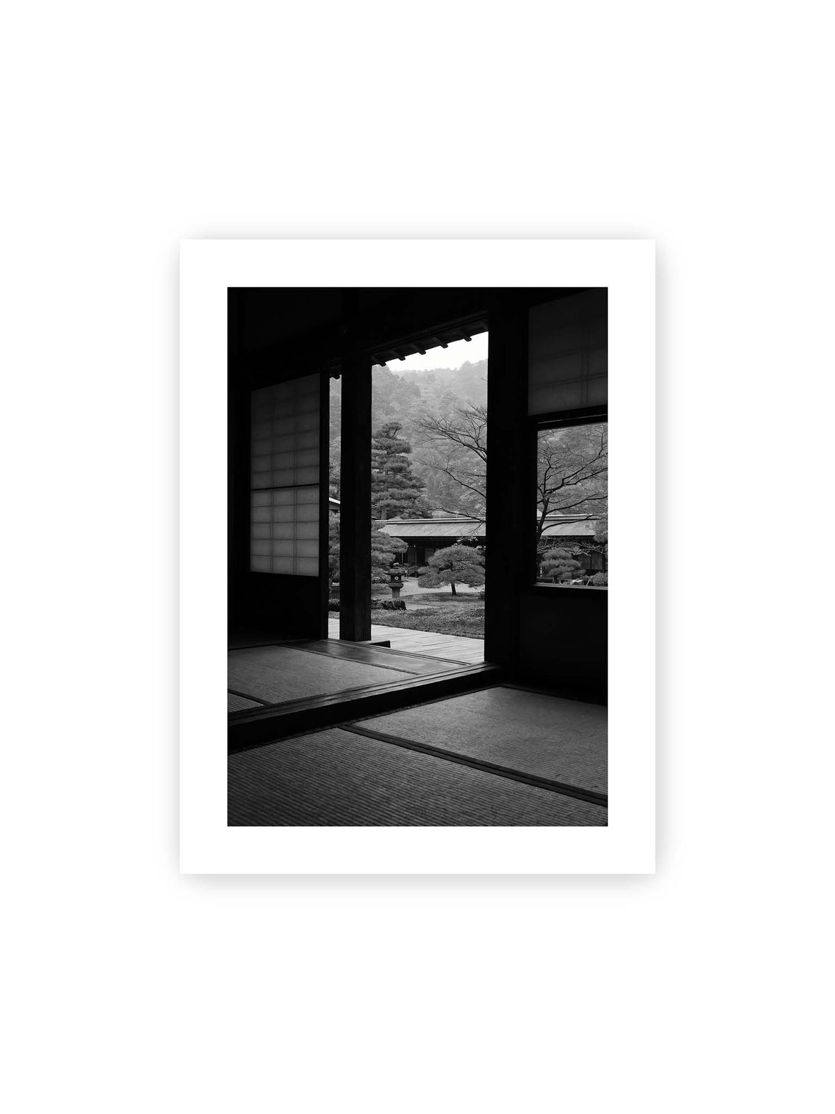 30x40 cm, weißer Galerie-Rand – Blick aus einem dunklen Tempel durch Holzrahmen und Schiebetüren auf einen japanischen Garten mit geformten Bäumen.