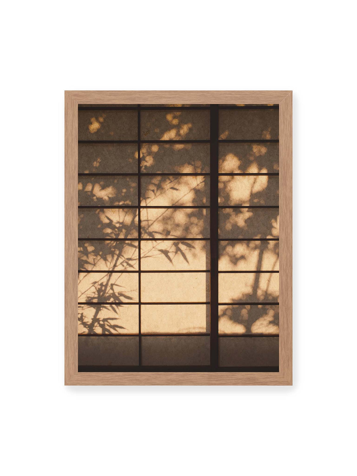 30x40 cm, Eichenrahmen – Blätter- und Zweigschatten auf warm beleuchteten Shoji-Flächen mit dunkler geometrischer Rasterung.