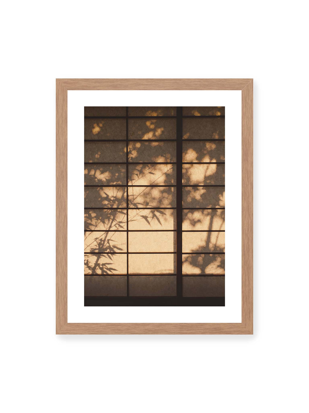 30x40 cm, weißer Galerie-Rand, Eichenrahmen – Blätter- und Zweigschatten auf warm beleuchteten Shoji-Flächen mit dunkler geometrischer Rasterung.