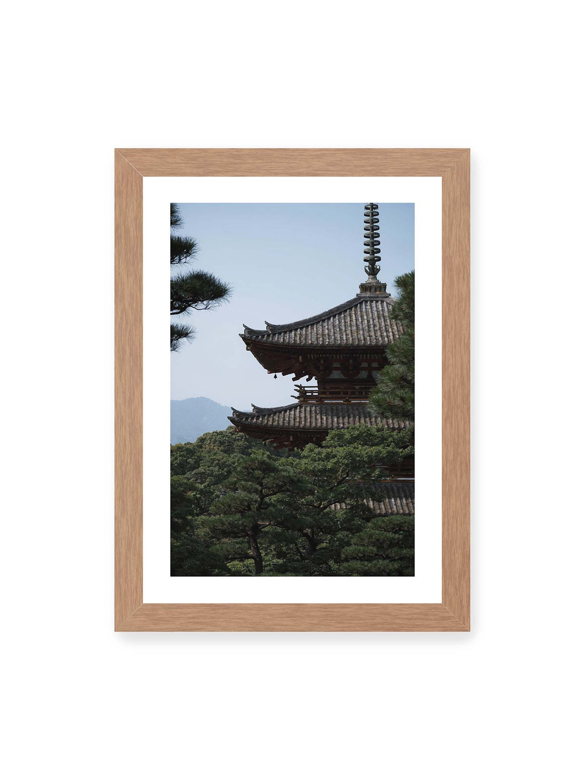 21x30 cm, weißer Galerie-Rand, Eichenrahmen – Mehrstufige Pagode mit geschwungenen Ziegeldächern zwischen dichten Kiefern vor einer blassen Bergsilhouette.