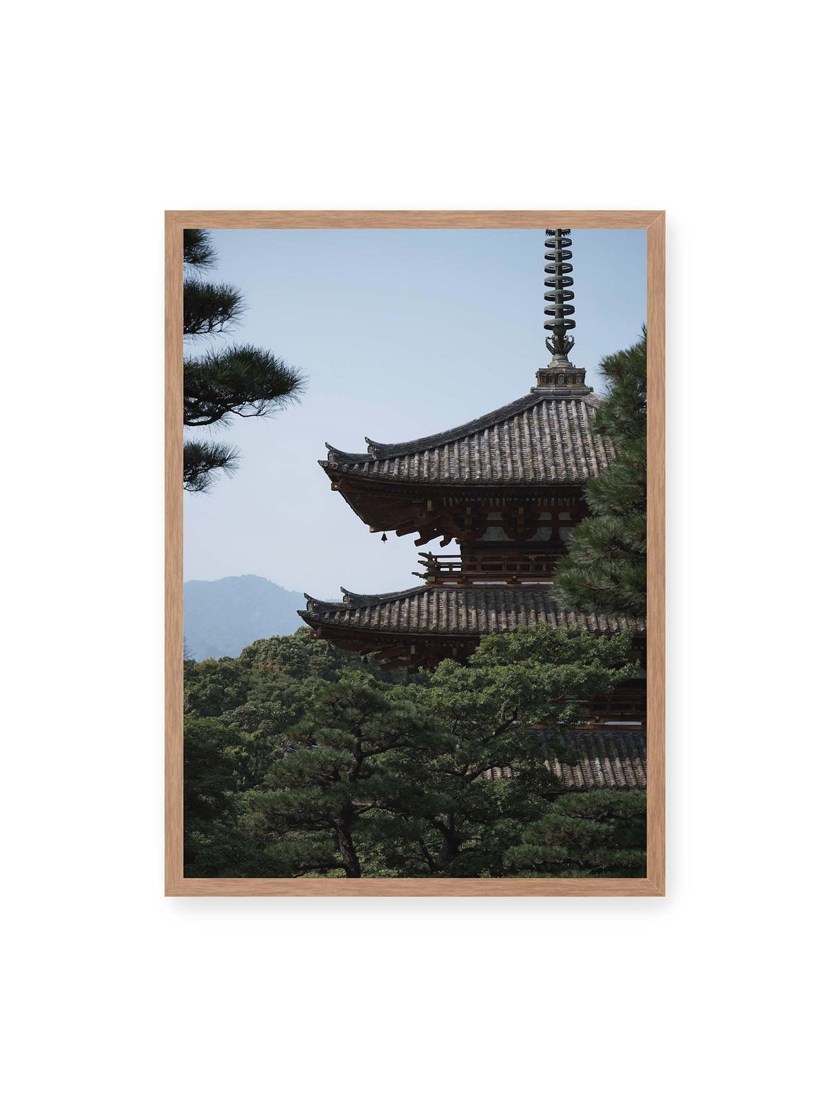50x70 cm, Eichenrahmen – Mehrstufige Pagode mit geschwungenen Ziegeldächern zwischen dichten Kiefern vor einer blassen Bergsilhouette.