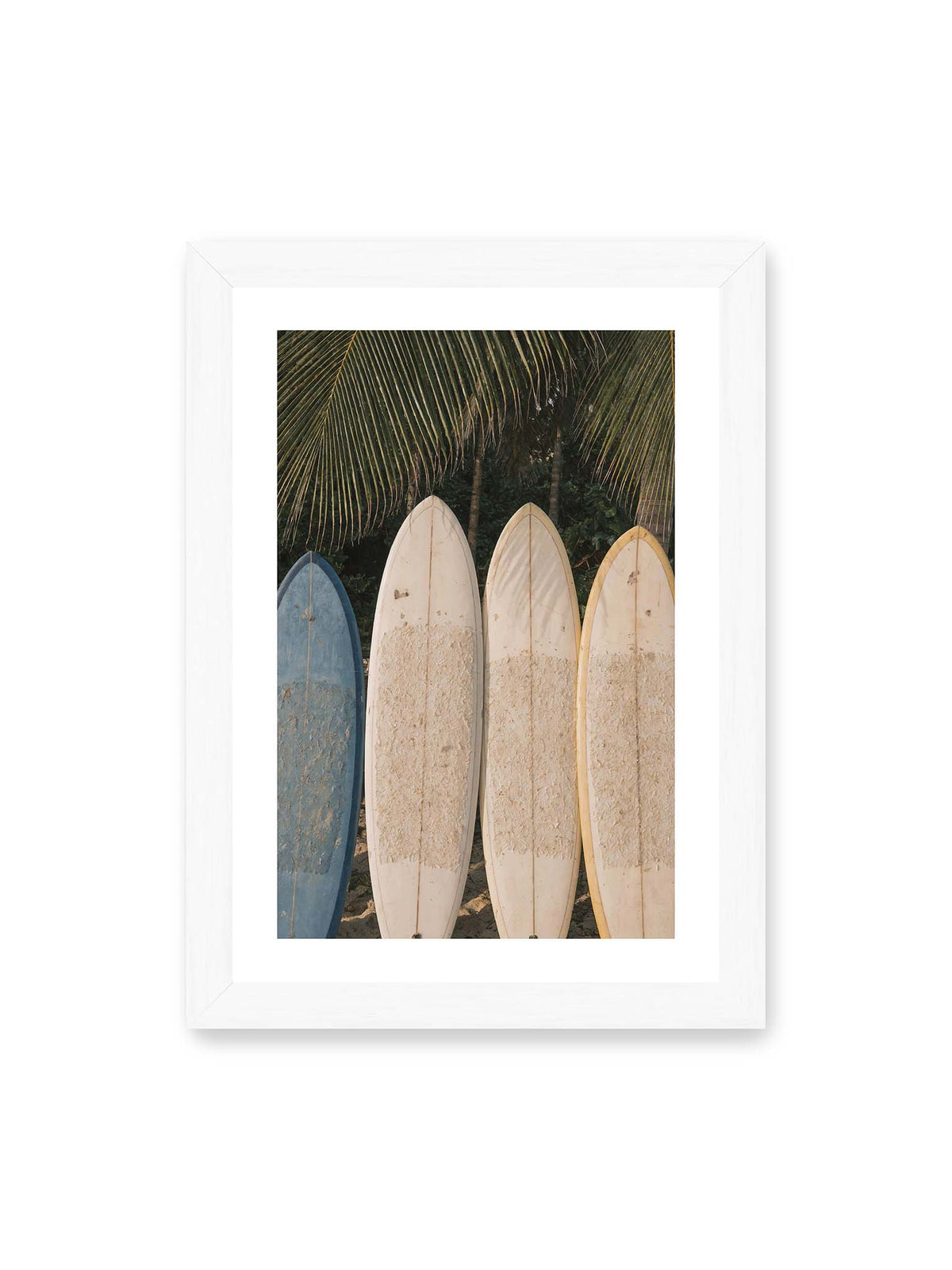 21x30 cm, weißer Galerie-Rand, weißer Rahmen – Vier aufrecht stehende Surfbretter mit Wachsresten unter langen Palmwedeln vor dichter grüner Vegetation.