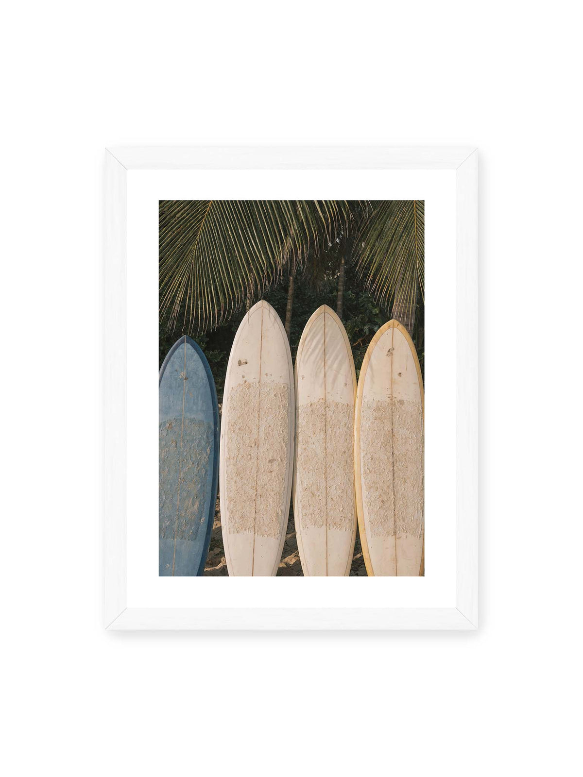 30x40 cm, weißer Galerie-Rand, weißer Rahmen – Vier aufrecht stehende Surfbretter mit Wachsresten unter langen Palmwedeln vor dichter grüner Vegetation.