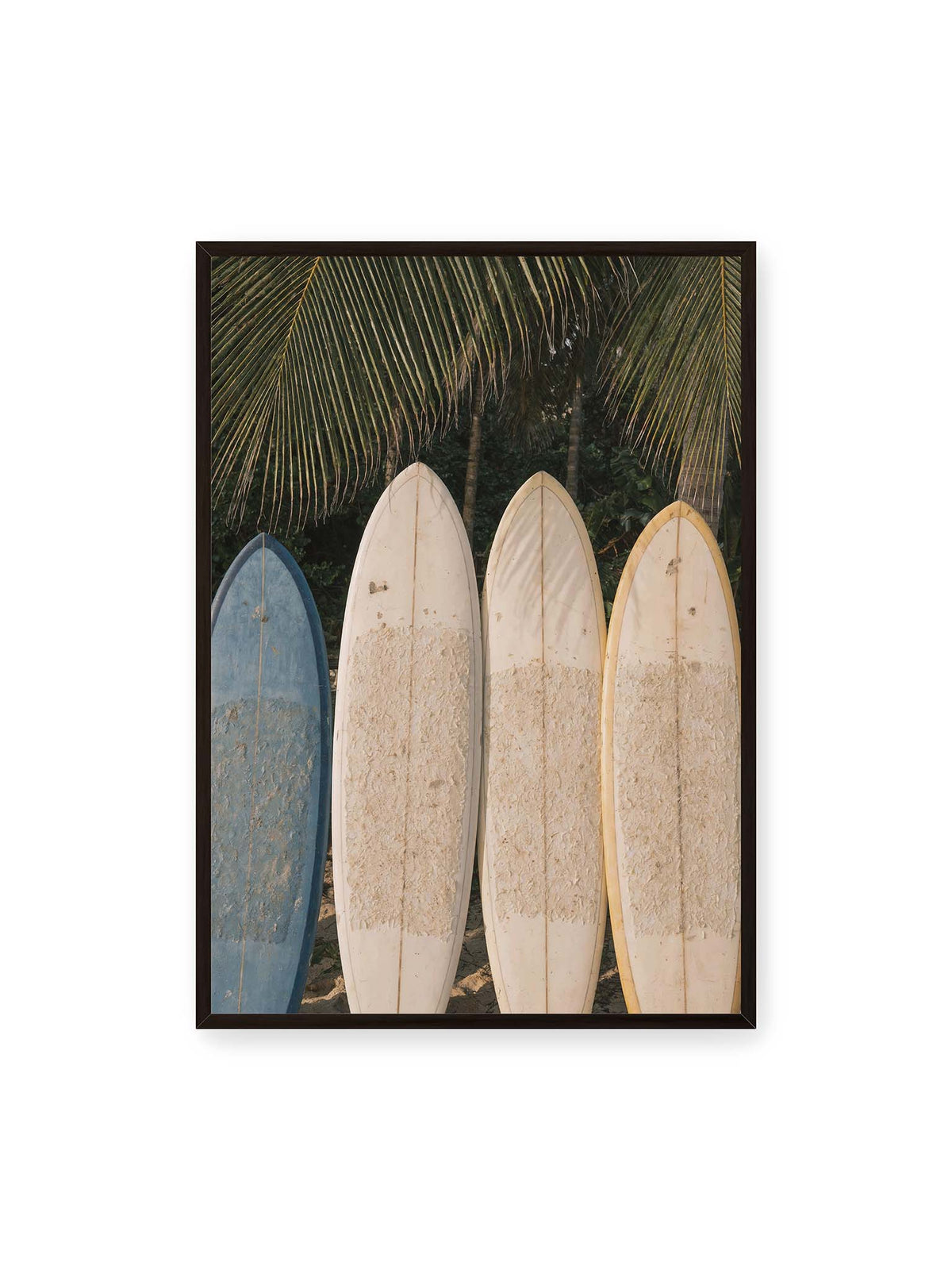 70x100 cm, schwarzer Rahmen – Vier aufrecht stehende Surfbretter mit Wachsresten unter langen Palmwedeln vor dichter grüner Vegetation.