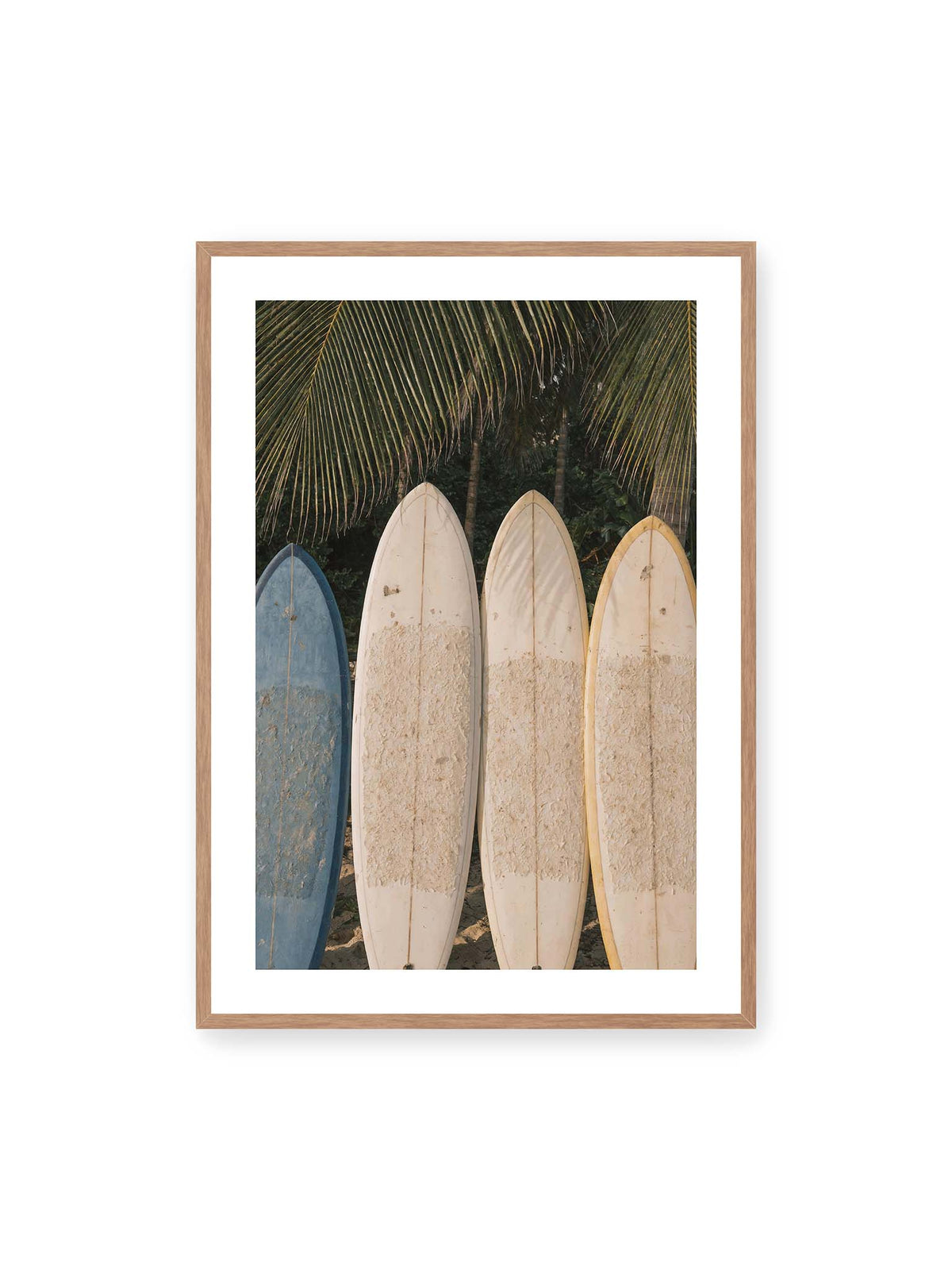 70x100 cm, weißer Galerie-Rand, Eichenrahmen – Vier aufrecht stehende Surfbretter mit Wachsresten unter langen Palmwedeln vor dichter grüner Vegetation.