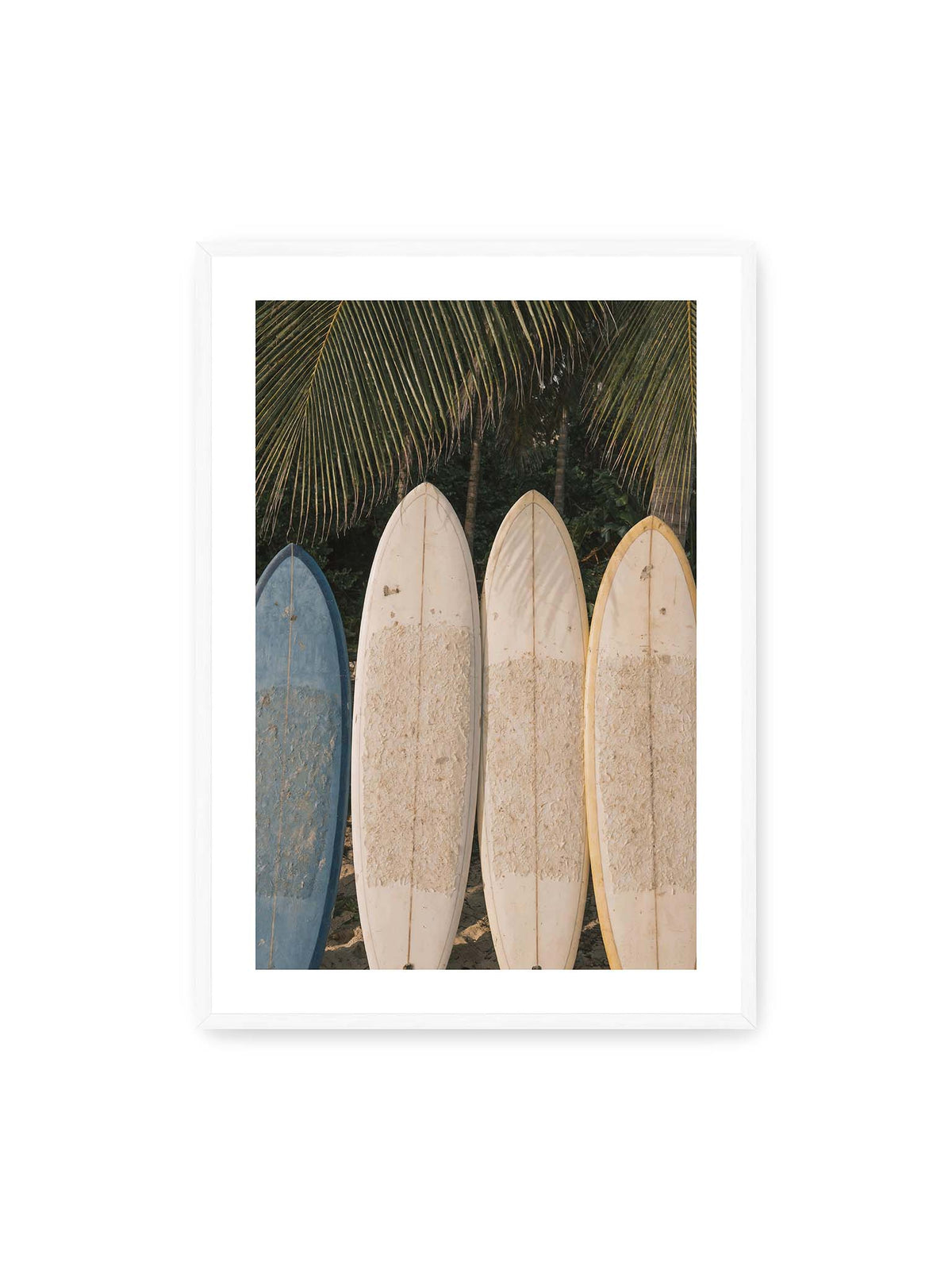 70x100 cm, weißer Galerie-Rand, weißer Rahmen – Vier aufrecht stehende Surfbretter mit Wachsresten unter langen Palmwedeln vor dichter grüner Vegetation.