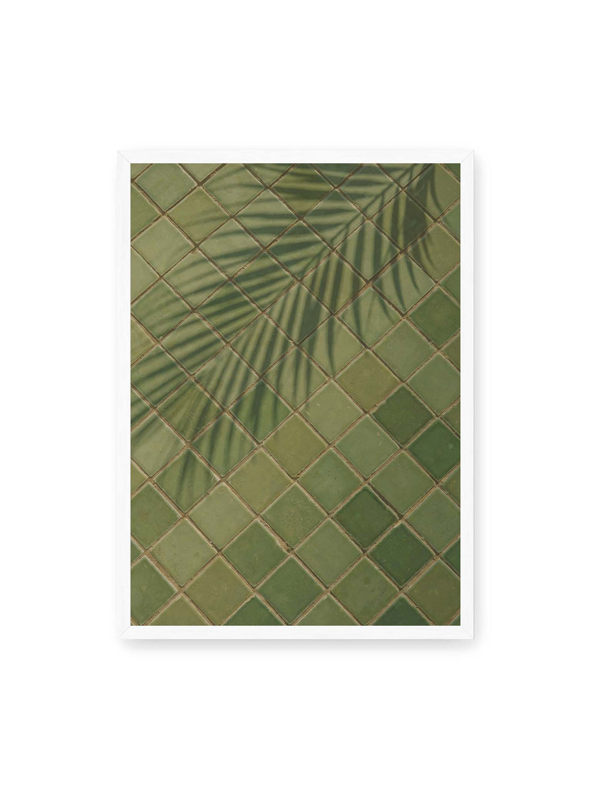 50x70 cm, weißer Rahmen – Grüne quadratische Fliesen im diagonalen Raster mit den weichen Schatten von Palmwedeln.