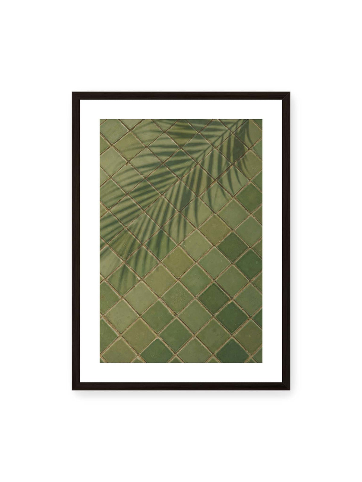 50x70 cm, weißer Galerie-Rand, schwarzer Rahmen – Grüne quadratische Fliesen im diagonalen Raster mit den weichen Schatten von Palmwedeln.