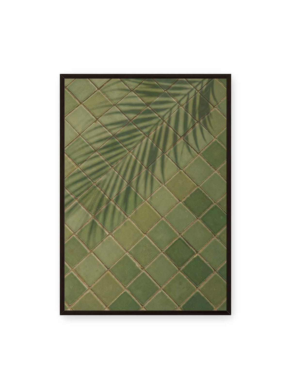 70x100 cm, schwarzer Rahmen – Grüne quadratische Fliesen im diagonalen Raster mit den weichen Schatten von Palmwedeln.