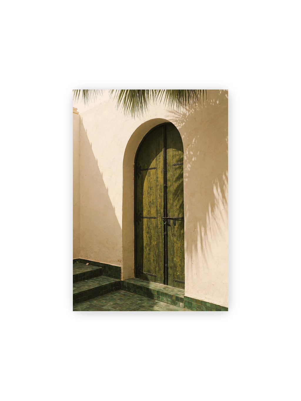 21x30 cm – Grüne Holztür in einem Rundbogen mit Palmwedelschatten auf heller Wand und grünen Fliesen.