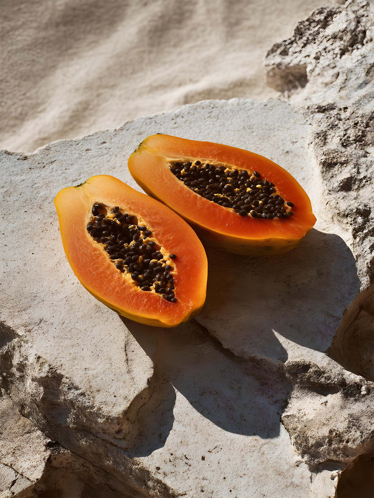 Halbierte Papaya mit leuchtend orangefarbenem Fruchtfleisch und schwarzen Kernen, platziert auf hellem Stein in natürlichem Sonnenlicht.